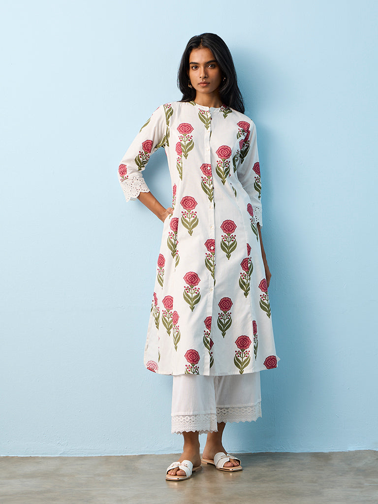 Utsa White Floral Printed Cotton-Blend A-Line Kurta