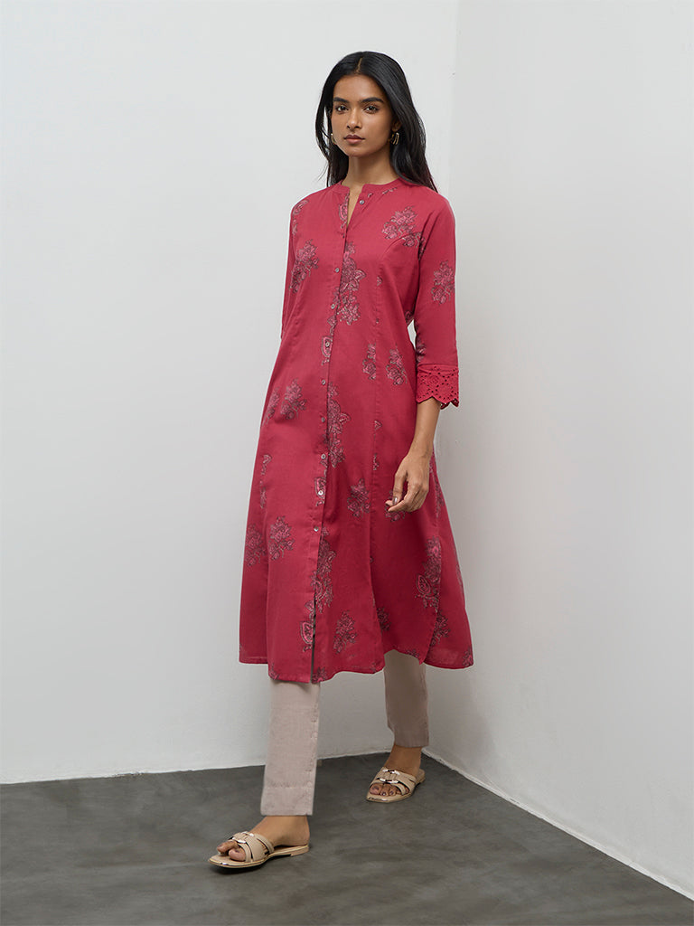 Utsa Pink Floral Printed Cotton-Blend A-Line Kurta