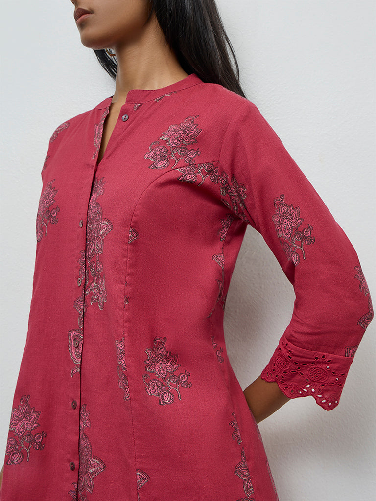 Utsa Pink Floral Printed Cotton-Blend A-Line Kurta