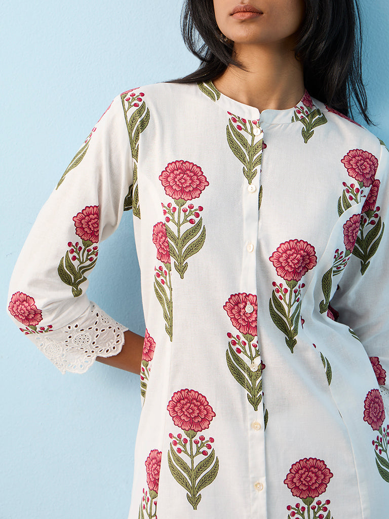 Utsa White Floral Printed Cotton-Blend A-Line Kurta