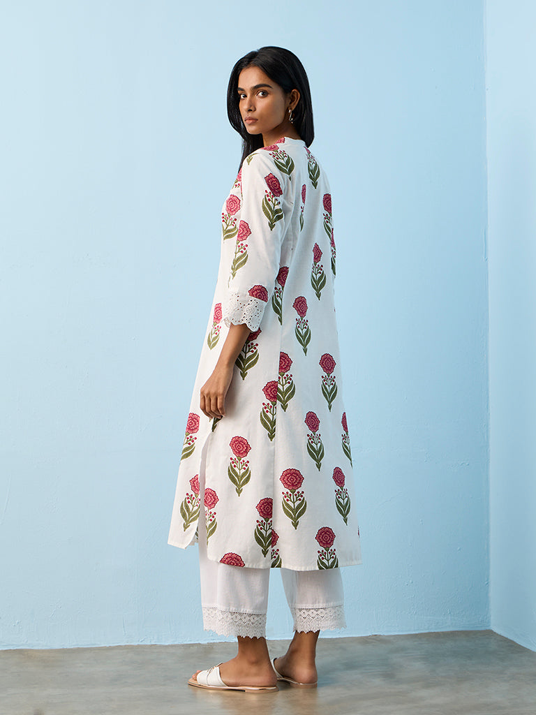 Utsa White Floral Printed Cotton-Blend A-Line Kurta