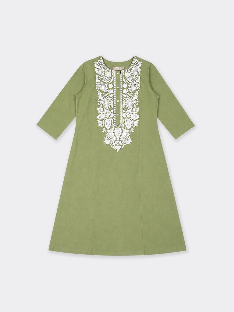 Utsa Green Floral Embroidered Cotton-Blend A-Line Kurta