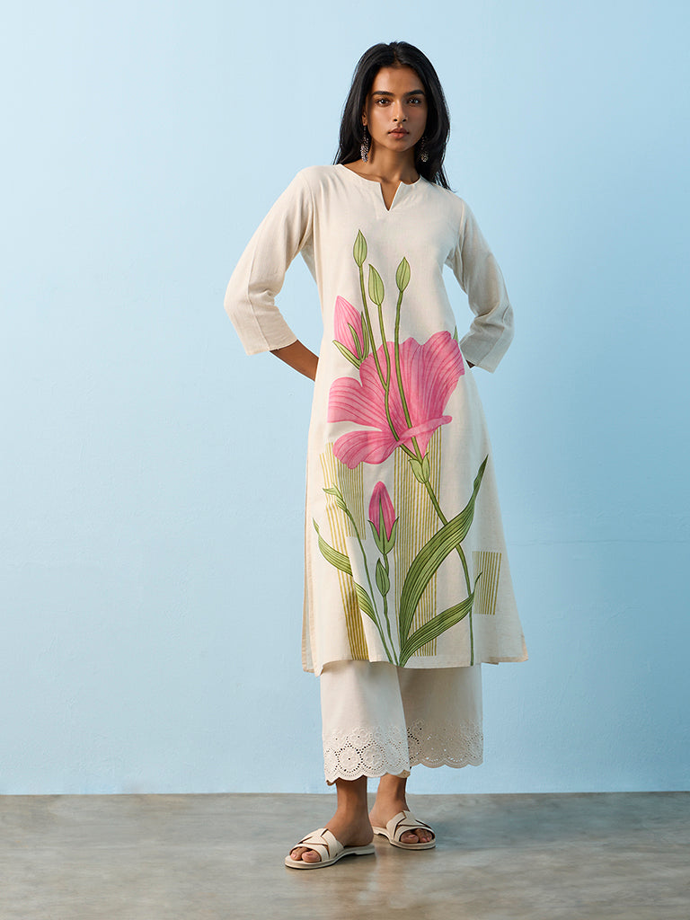 Utsa Light Beige Floral Design A-Line Cotton-Blend Kurta
