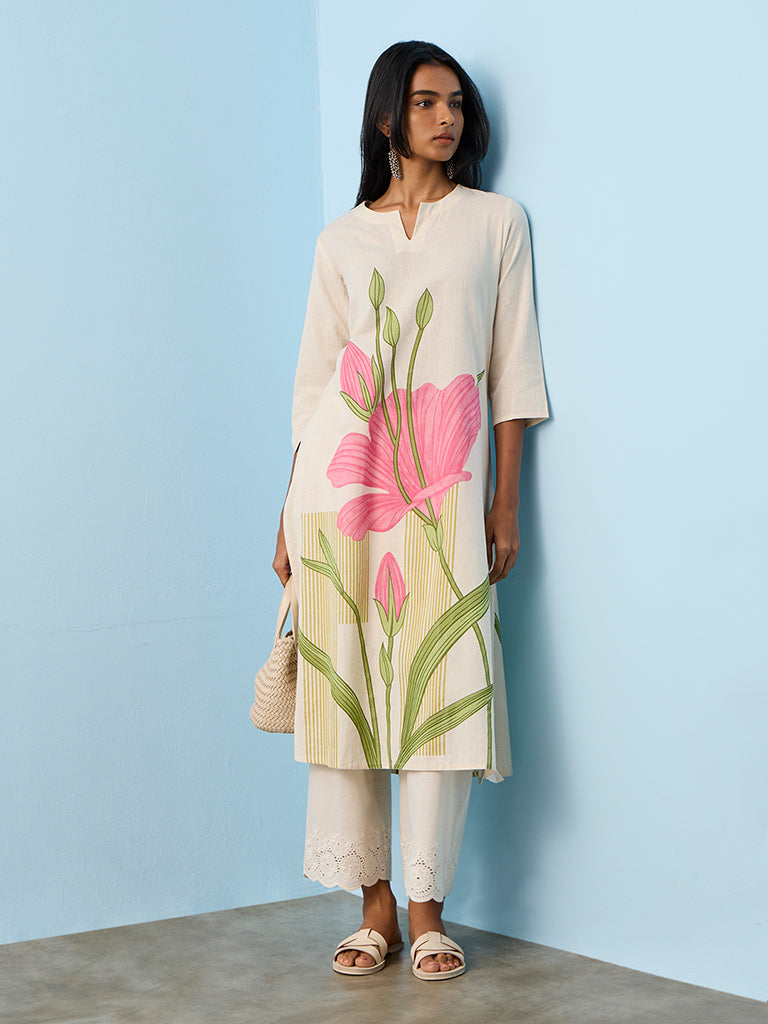 Utsa Light Beige Floral Design A-Line Cotton-Blend Kurta
