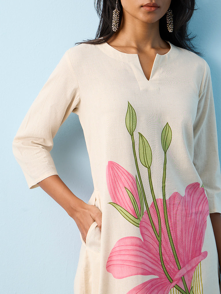 Utsa Light Beige Floral Design A-Line Cotton-Blend Kurta
