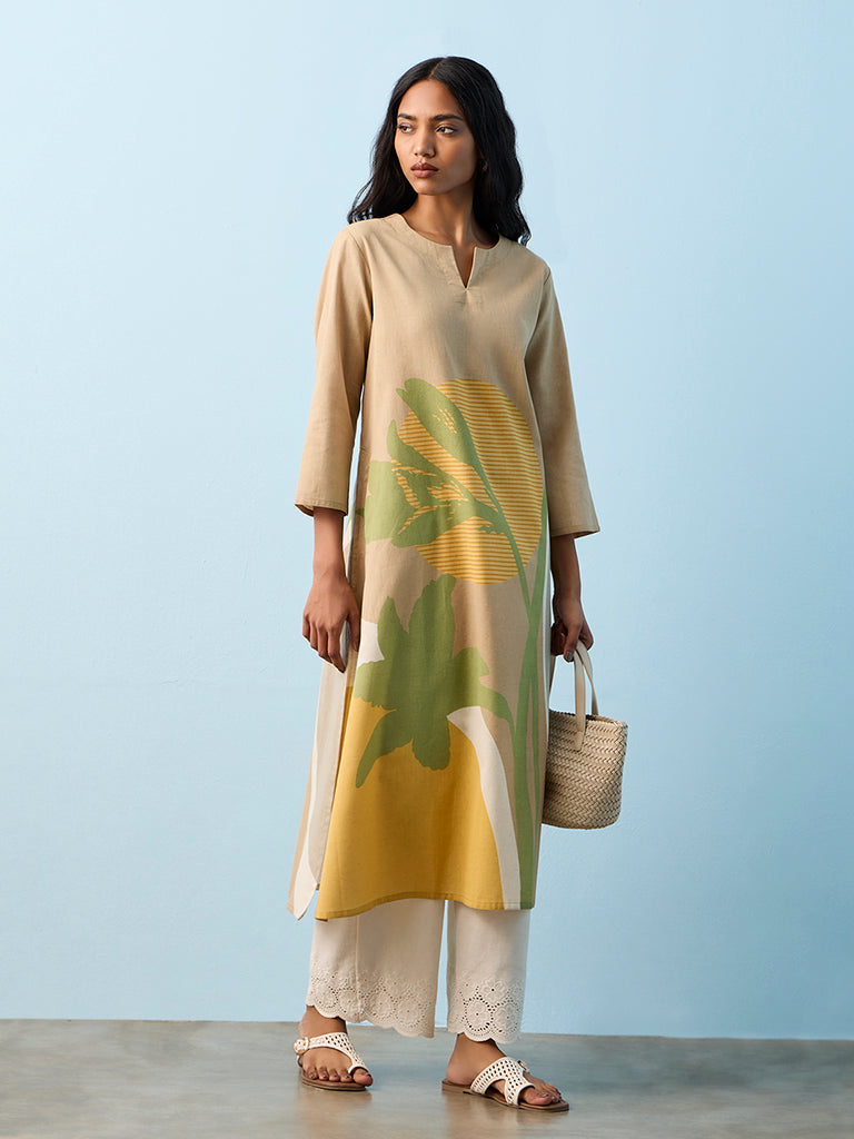 Utsa Taupe Botanical Printed Cotton-Blend A-Line Kurta