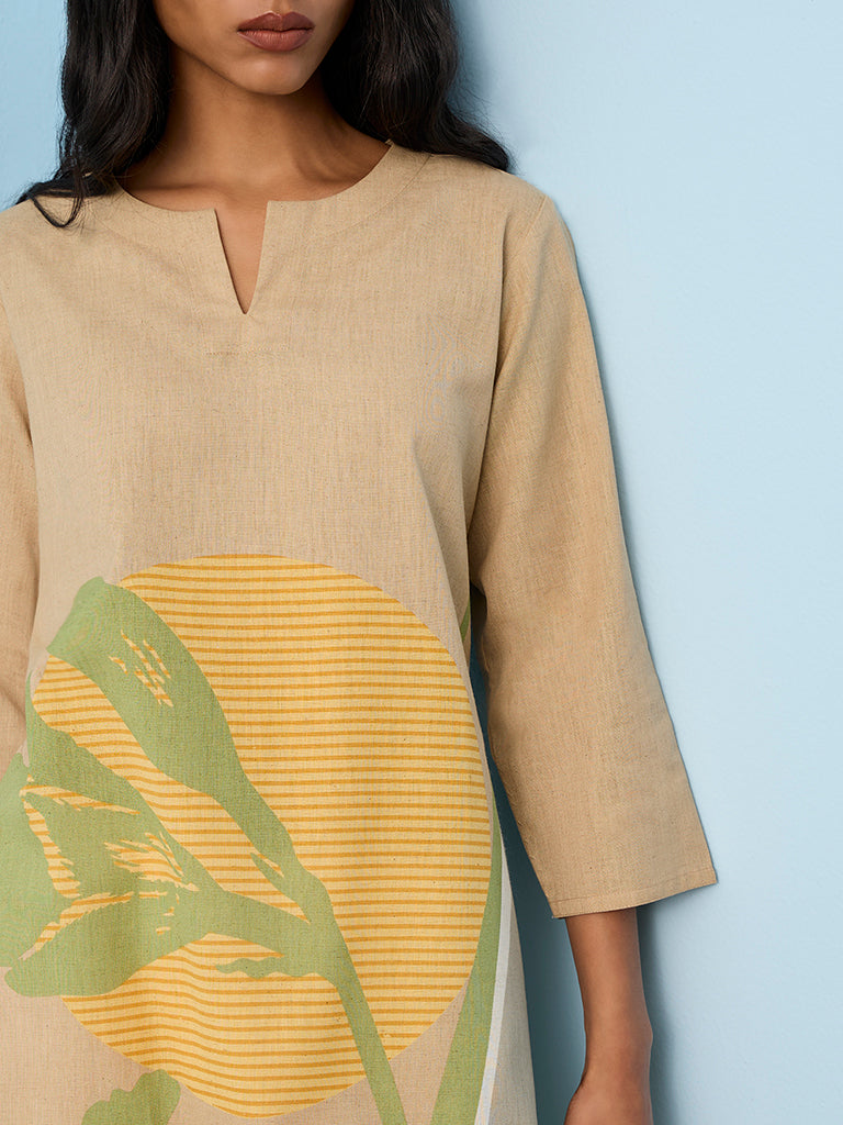 Utsa Taupe Botanical Printed Cotton-Blend A-Line Kurta