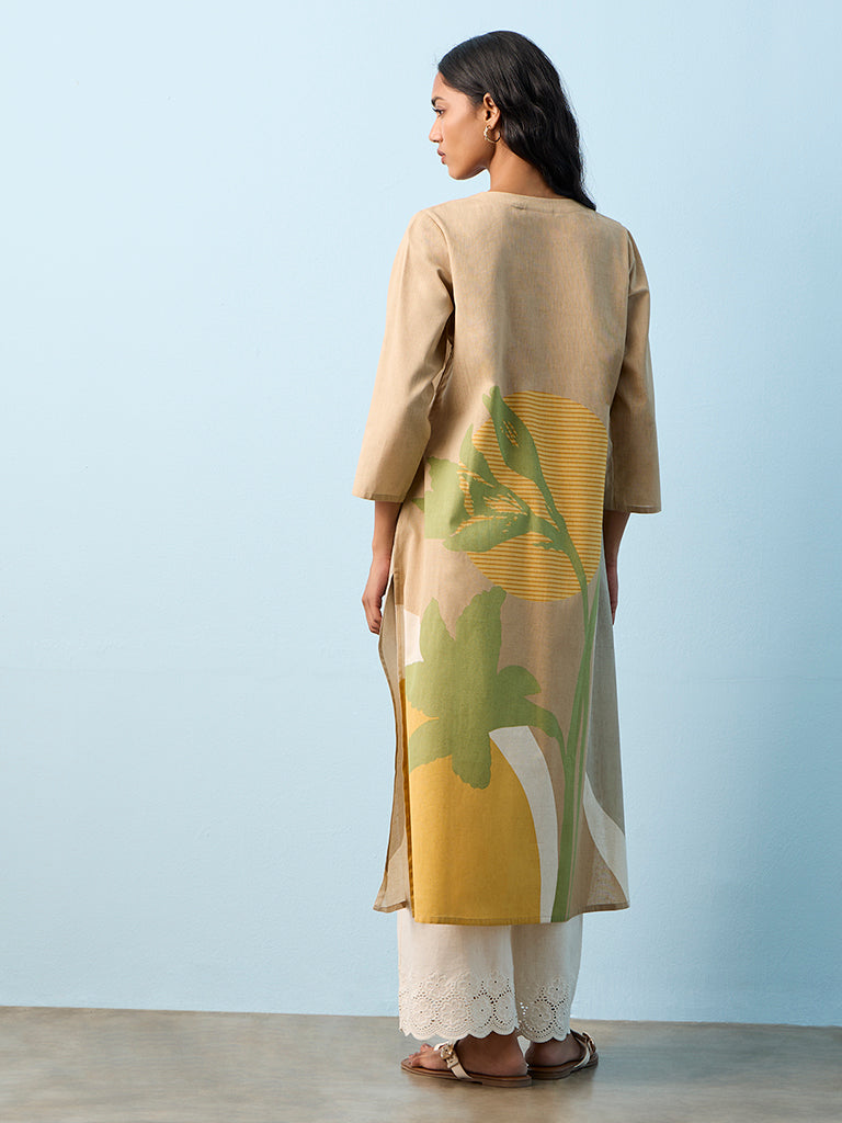 Utsa Taupe Botanical Printed Cotton-Blend A-Line Kurta