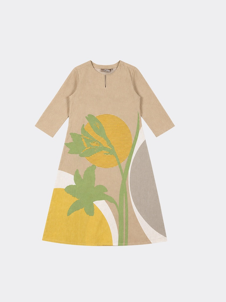 Utsa Taupe Botanical Printed Cotton-Blend A-Line Kurta