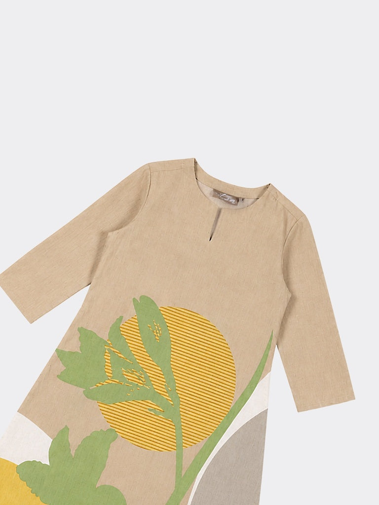 Utsa Taupe Botanical Printed Cotton-Blend A-Line Kurta