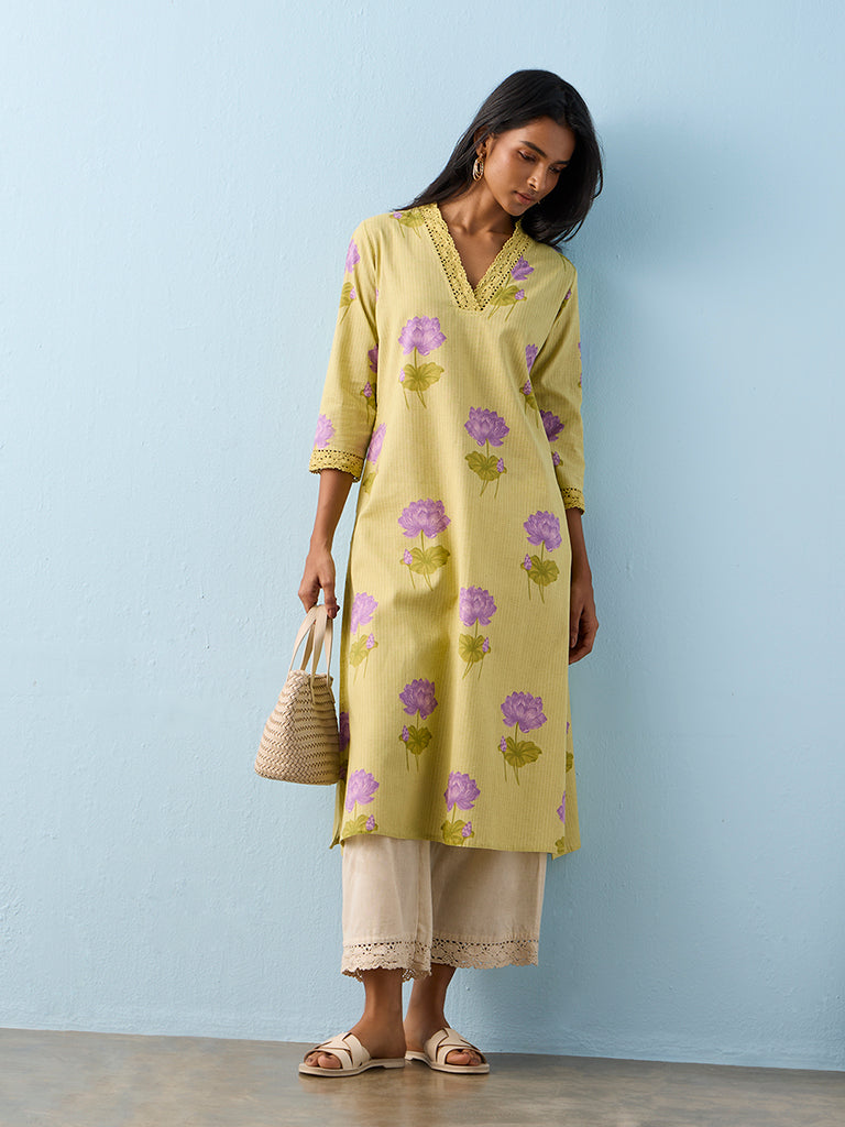 Utsa Lime Floral Printed Cotton-Blend A-Line Kurta