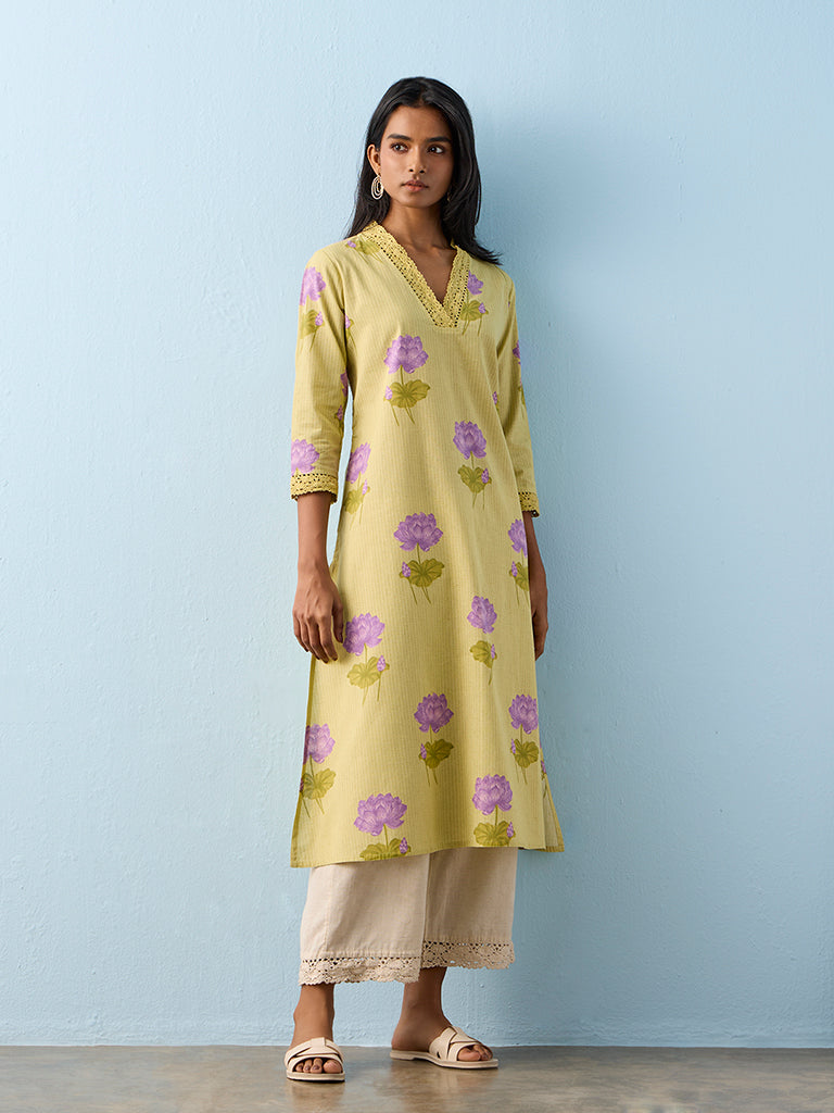 Utsa Lime Floral Printed Cotton-Blend A-Line Kurta