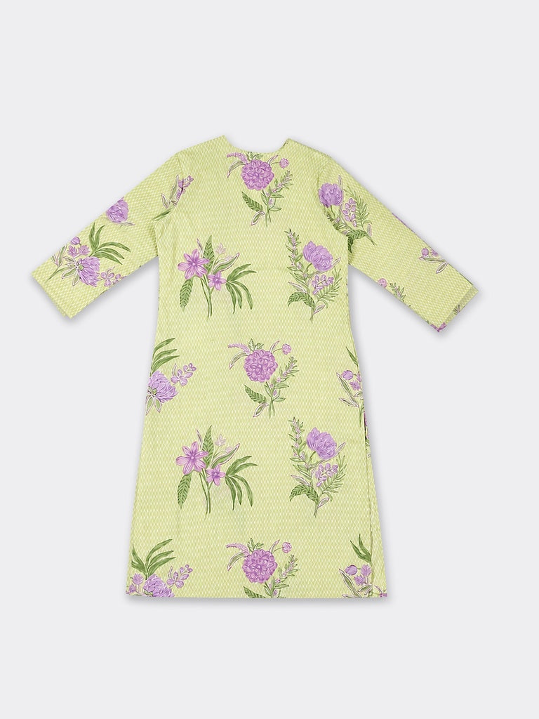 Utsa Lime Floral Printed Cotton-Blend A-Line Kurta
