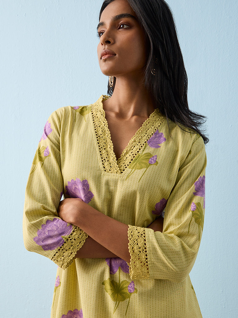 Utsa Lime Floral Printed Cotton-Blend A-Line Kurta