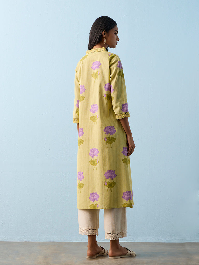 Utsa Lime Floral Printed Cotton-Blend A-Line Kurta