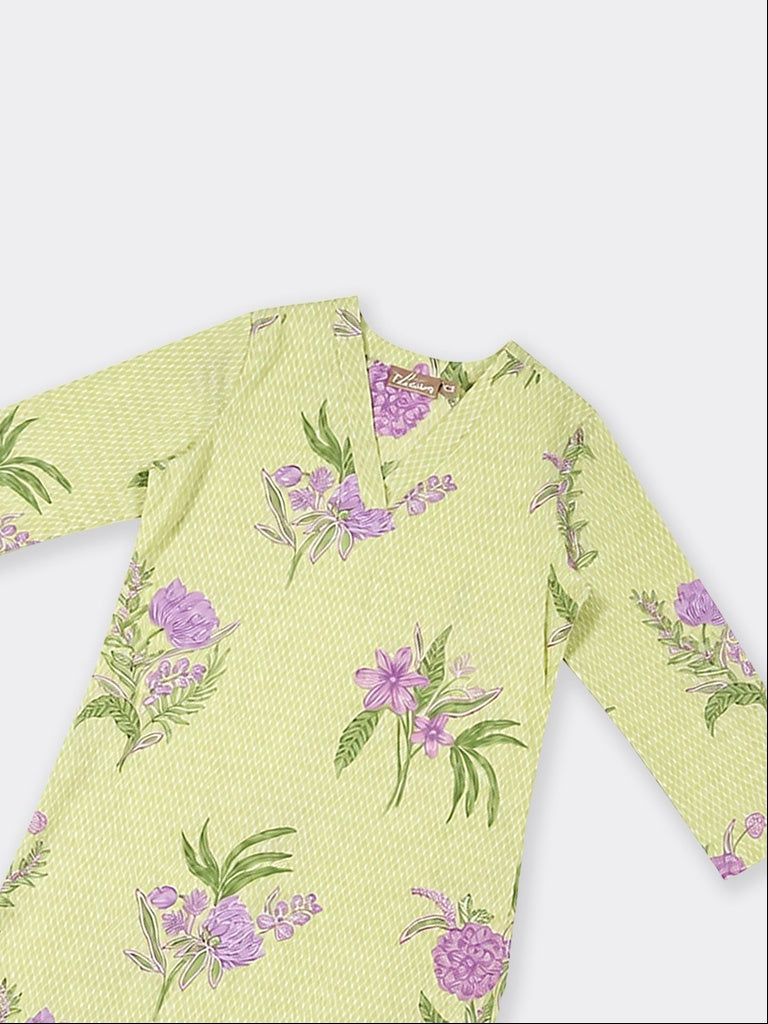 Utsa Lime Floral Printed Cotton-Blend A-Line Kurta