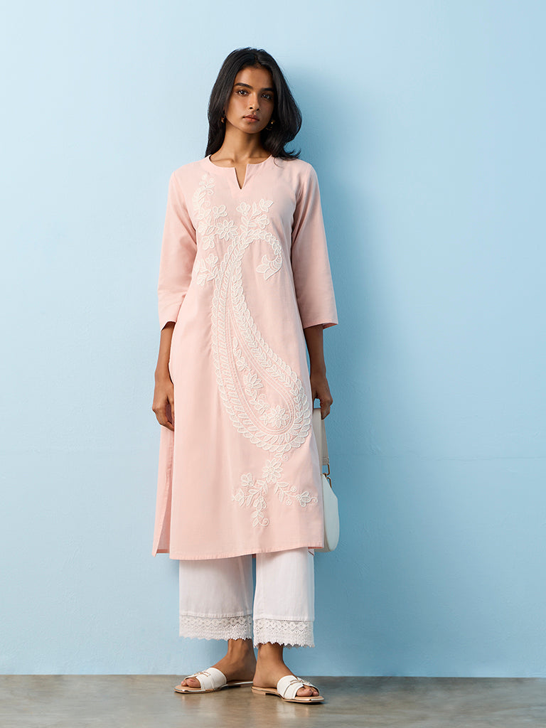 Utsa Pink Paisley Embroidered A-Line Cotton-Blend Kurta
