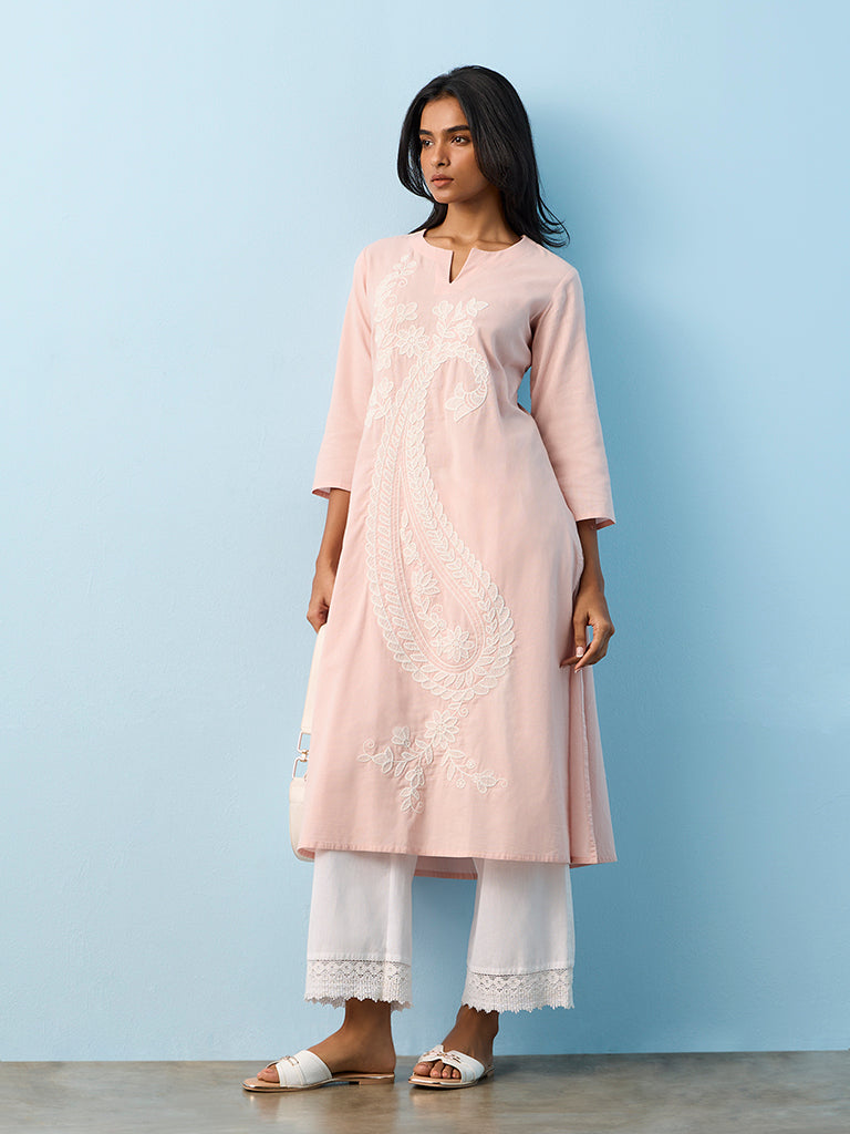 Utsa Pink Paisley Embroidered A-Line Cotton-Blend Kurta