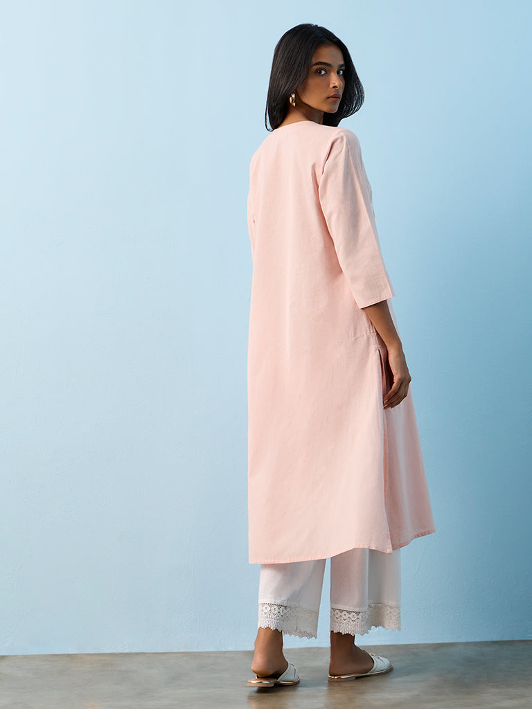 Utsa Pink Paisley Embroidered A-Line Cotton-Blend Kurta