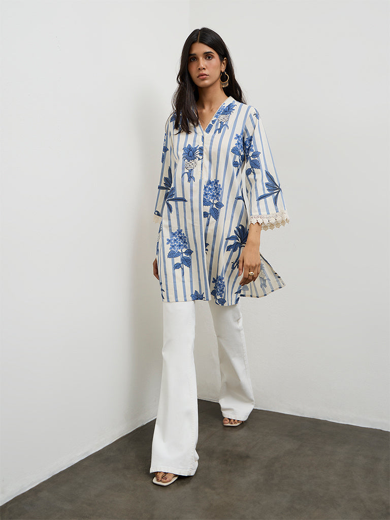 Utsa Indigo Floral Printed Cotton-Blend Kurti