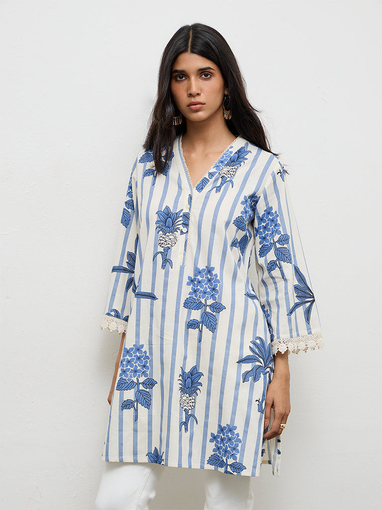 Utsa Indigo Floral Printed Cotton-Blend Kurti
