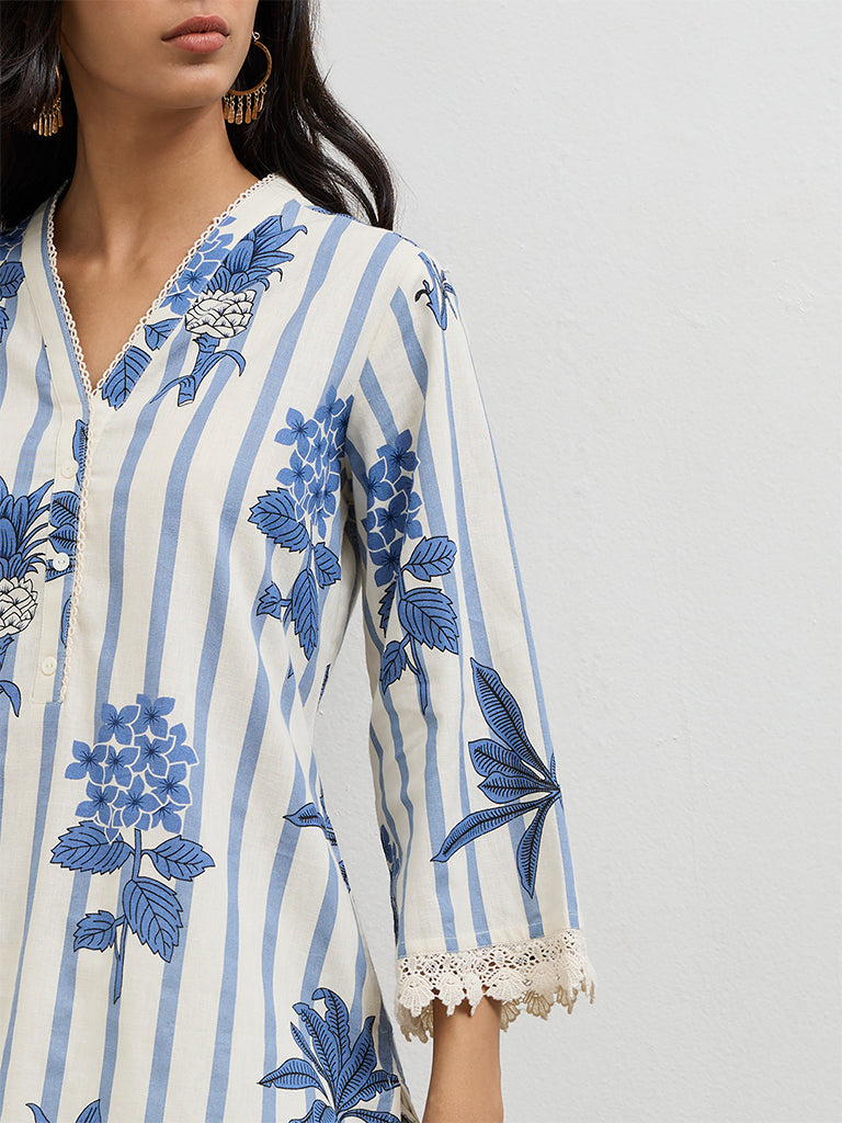 Utsa Indigo Floral Printed Cotton-Blend Kurti