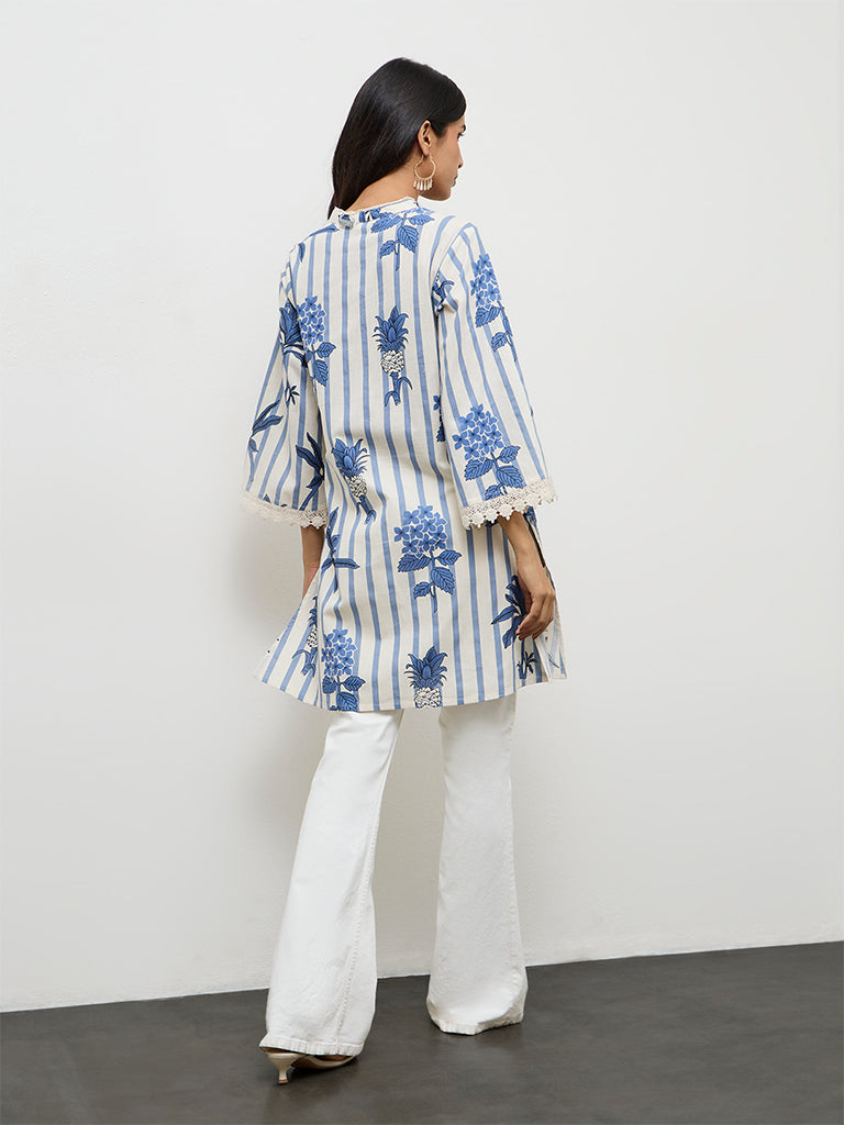 Utsa Indigo Floral Printed Cotton-Blend Kurti