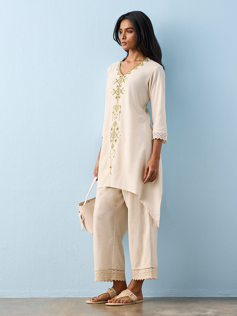 Utsa Beige Geometric Embroidered Cotton-Blend A-Line Kurta