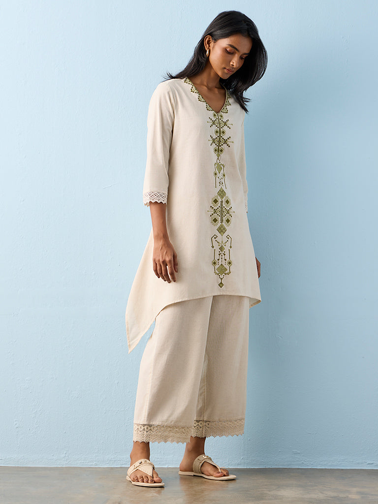 Utsa Beige Geometric Embroidered Cotton-Blend A-Line Kurta