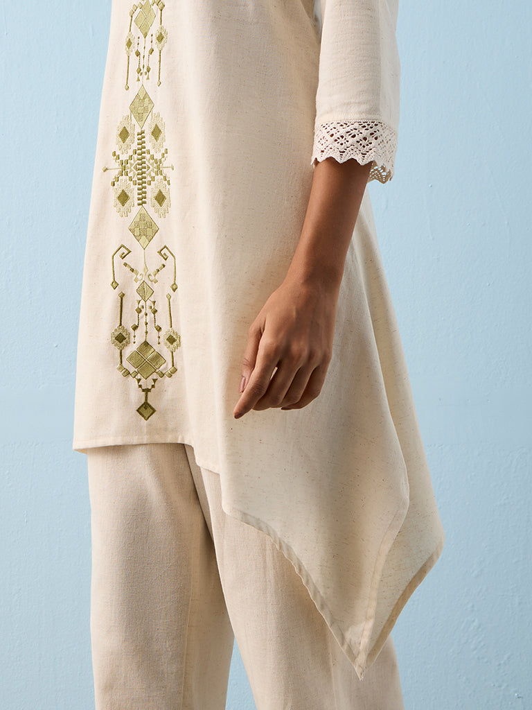 Utsa Beige Geometric Embroidered Cotton-Blend A-Line Kurta