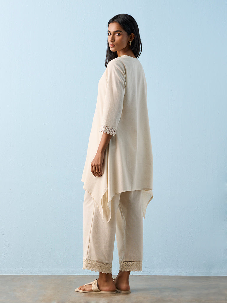 Utsa Beige Geometric Embroidered Cotton-Blend A-Line Kurta