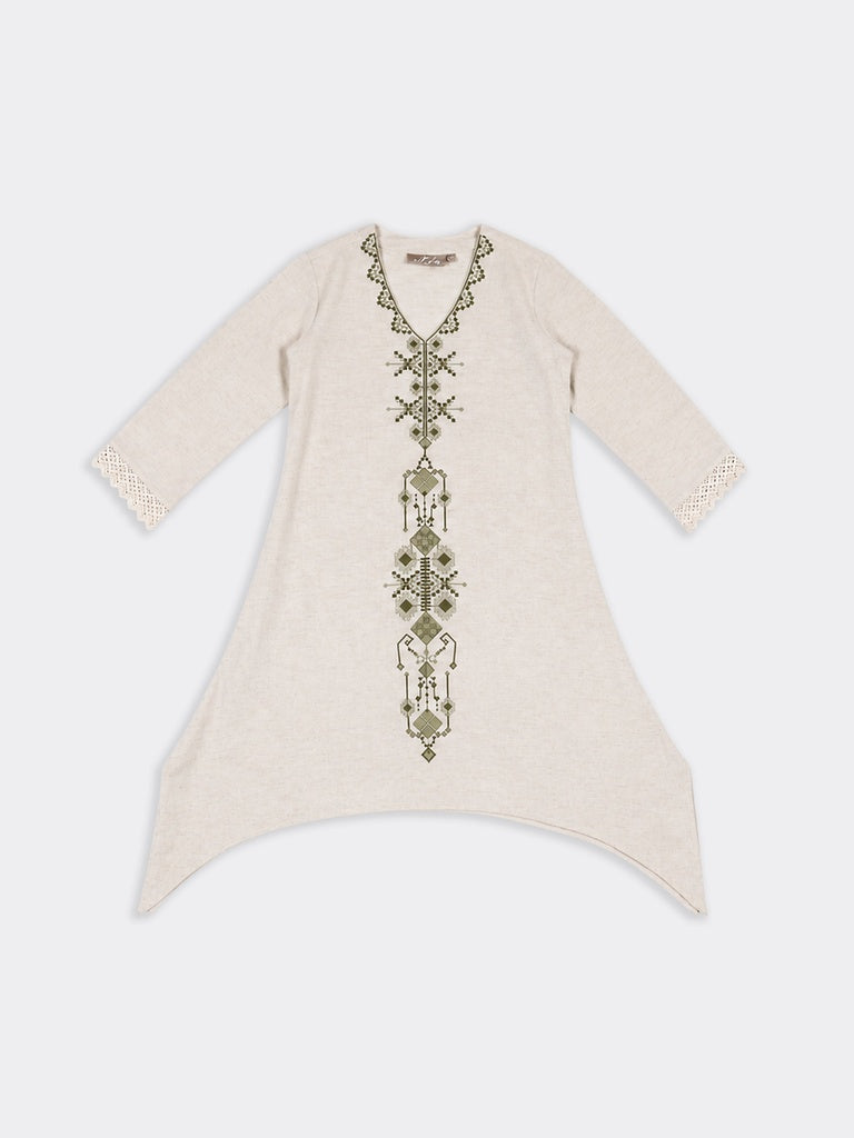 Utsa Beige Geometric Embroidered Cotton-Blend A-Line Kurta