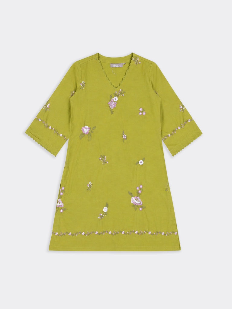 Utsa Lime Floral Embroidered Cotton-Blend A-Line Kurta