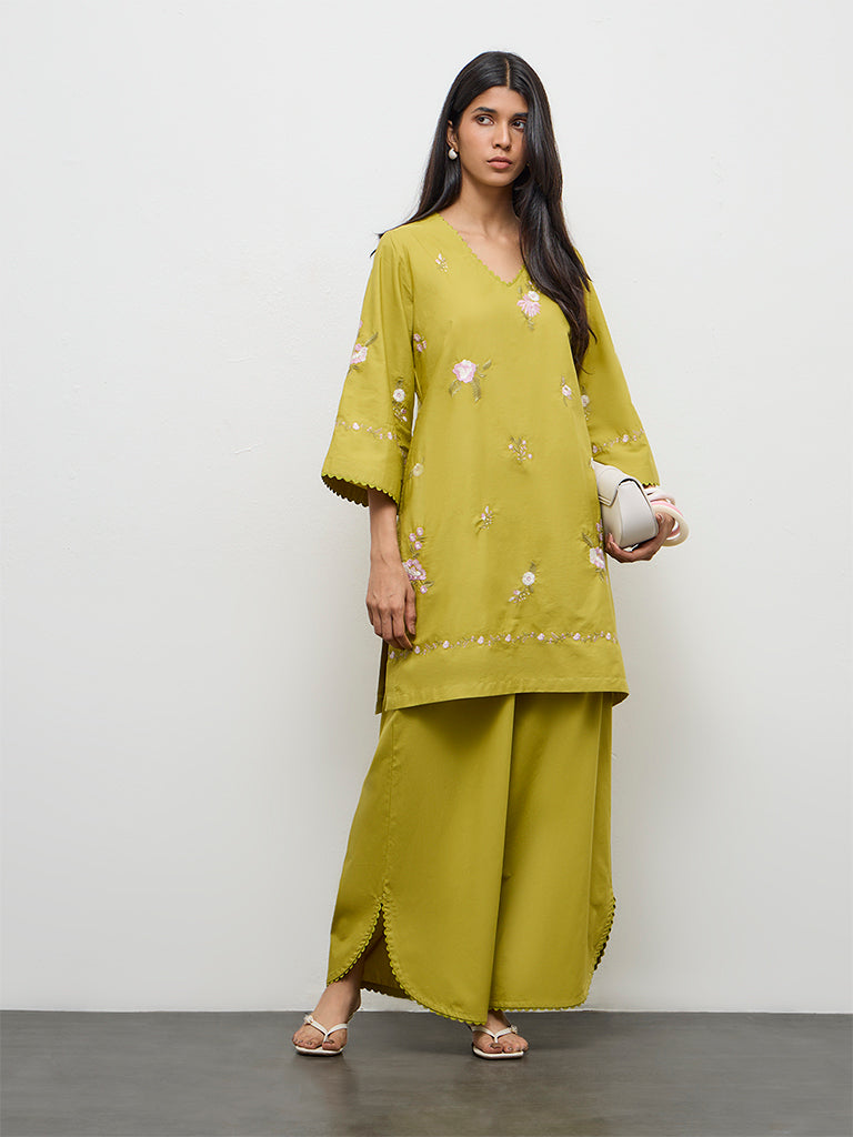 Utsa Lime Floral Embroidered Cotton-Blend A-Line Kurta