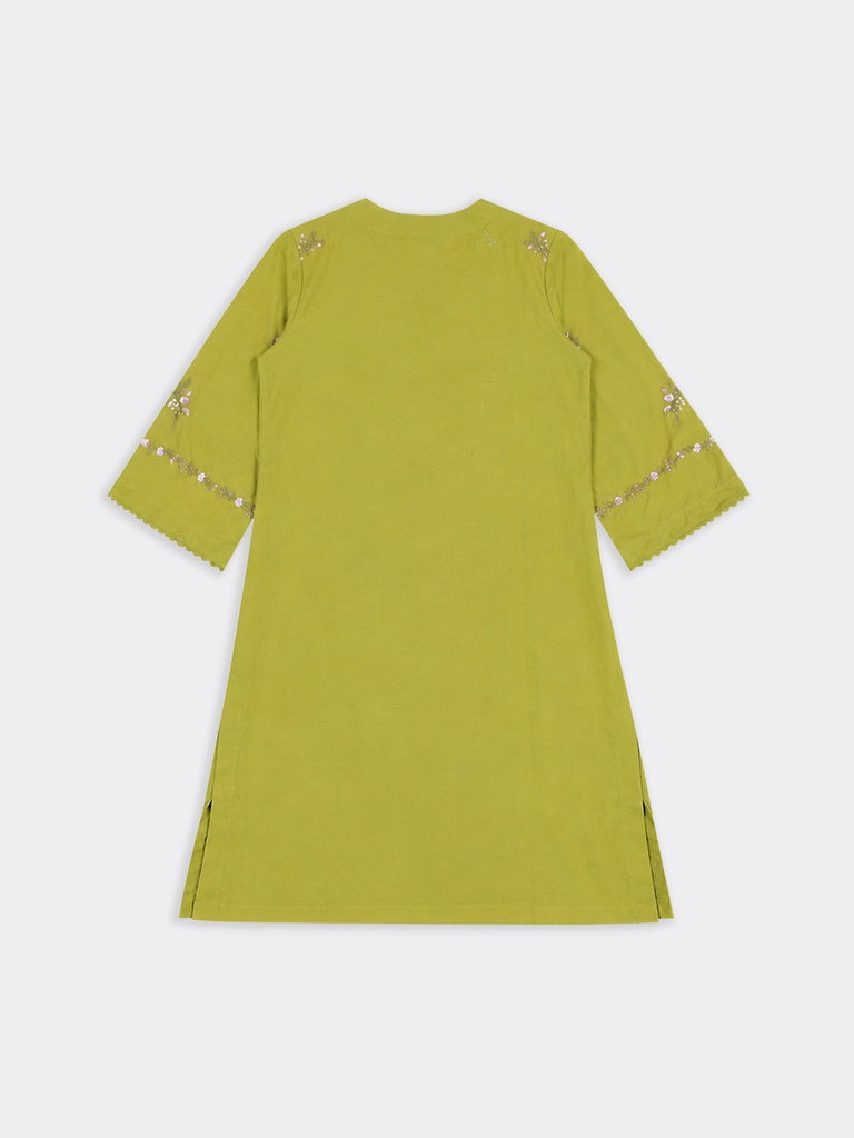 Utsa Lime Floral Embroidered Cotton-Blend A-Line Kurta
