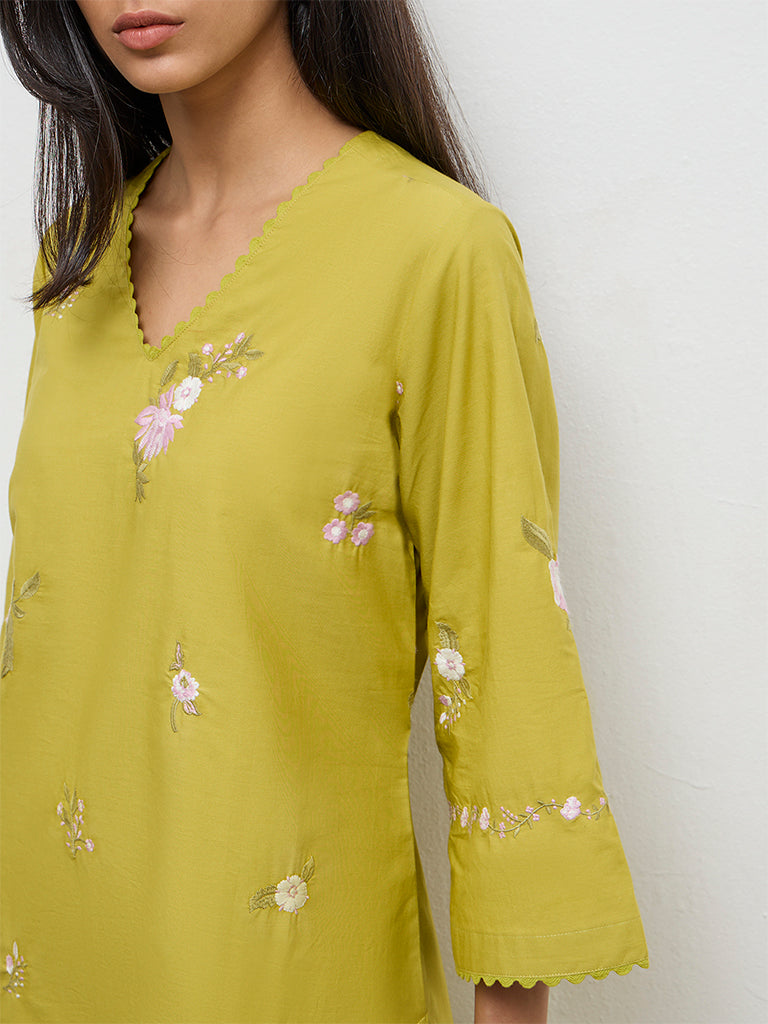 Utsa Lime Floral Embroidered Cotton-Blend A-Line Kurta