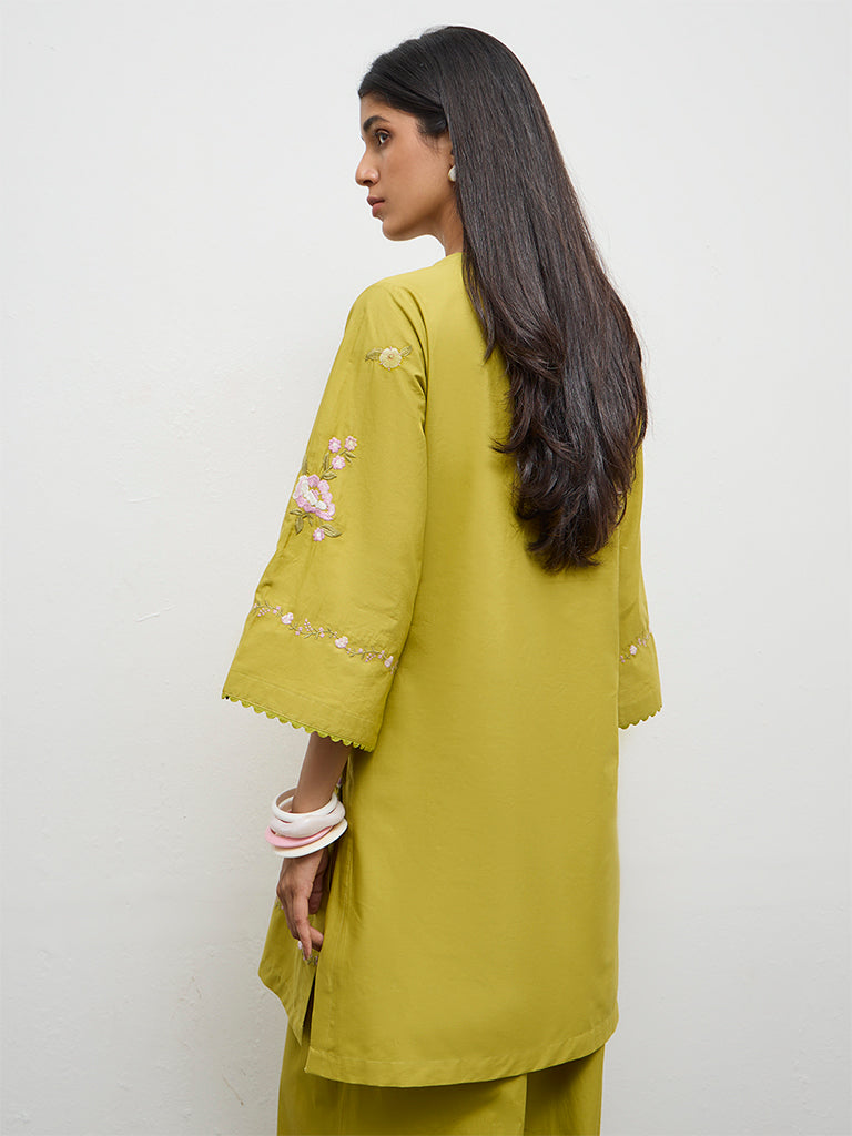 Utsa Lime Floral Embroidered Cotton-Blend A-Line Kurta
