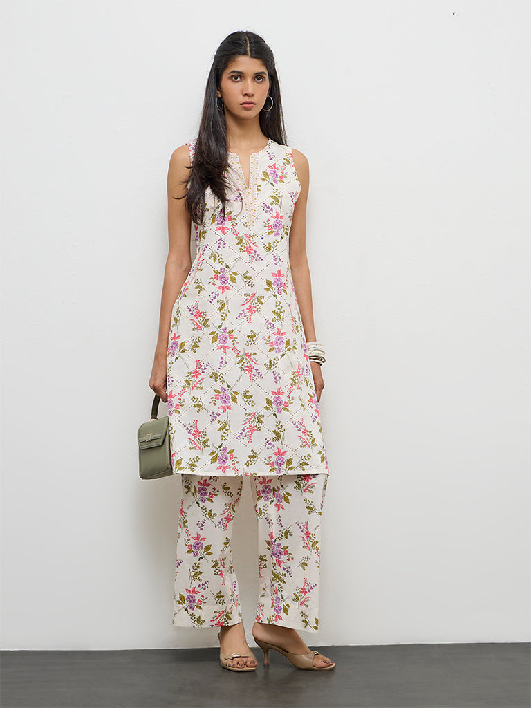 Utsa Off-White Floral Pattern Cotton A-Line Kurta