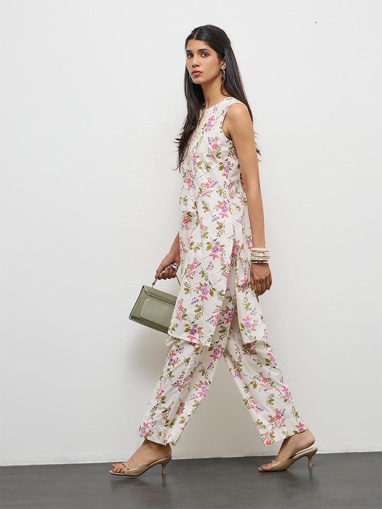 Utsa Off-White Floral Pattern Cotton A-Line Kurta