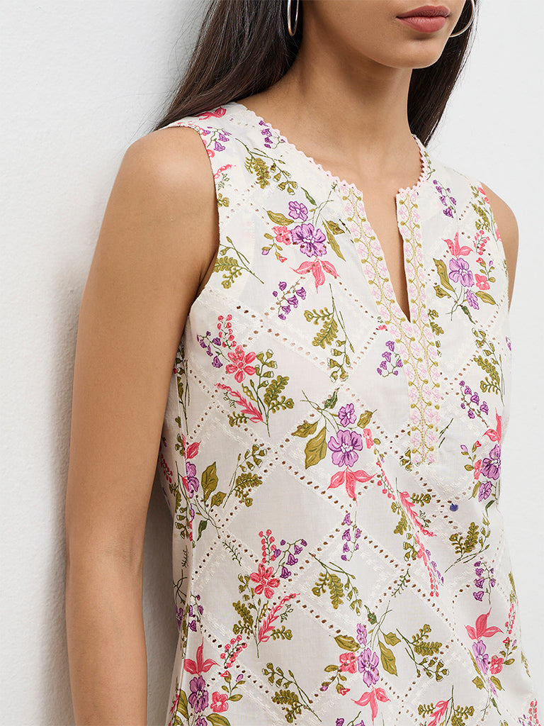 Utsa Off-White Floral Pattern Cotton A-Line Kurta