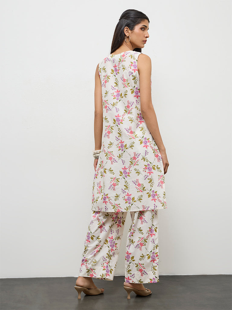 Utsa Off-White Floral Pattern Cotton A-Line Kurta