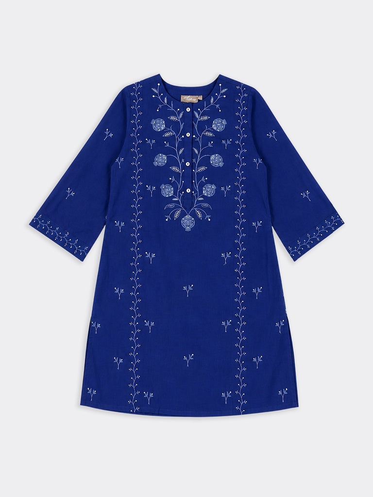 Utsa Blue Floral Embroidered Cotton-Blend Kurta