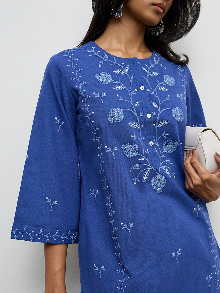 Utsa Blue Floral Embroidered Cotton-Blend Kurta