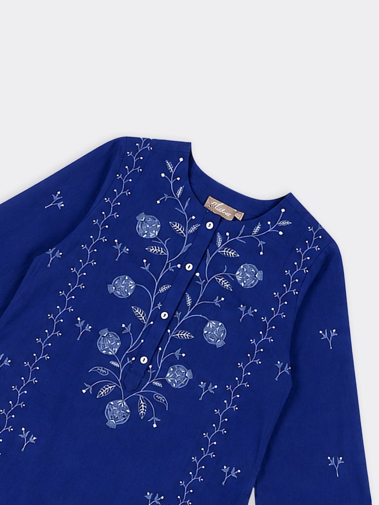 Utsa Blue Floral Embroidered Cotton-Blend Kurta