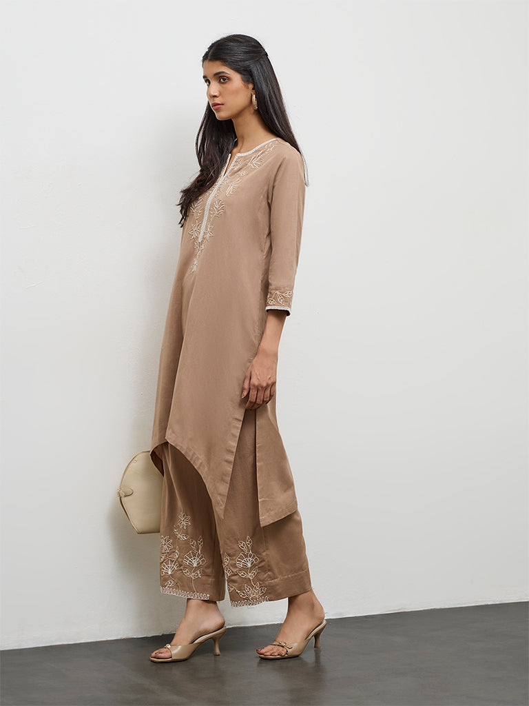Utsa Brown Floral Embroidered Cotton A-Line Kurta
