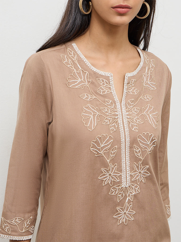 Utsa Brown Floral Embroidered Cotton A-Line Kurta