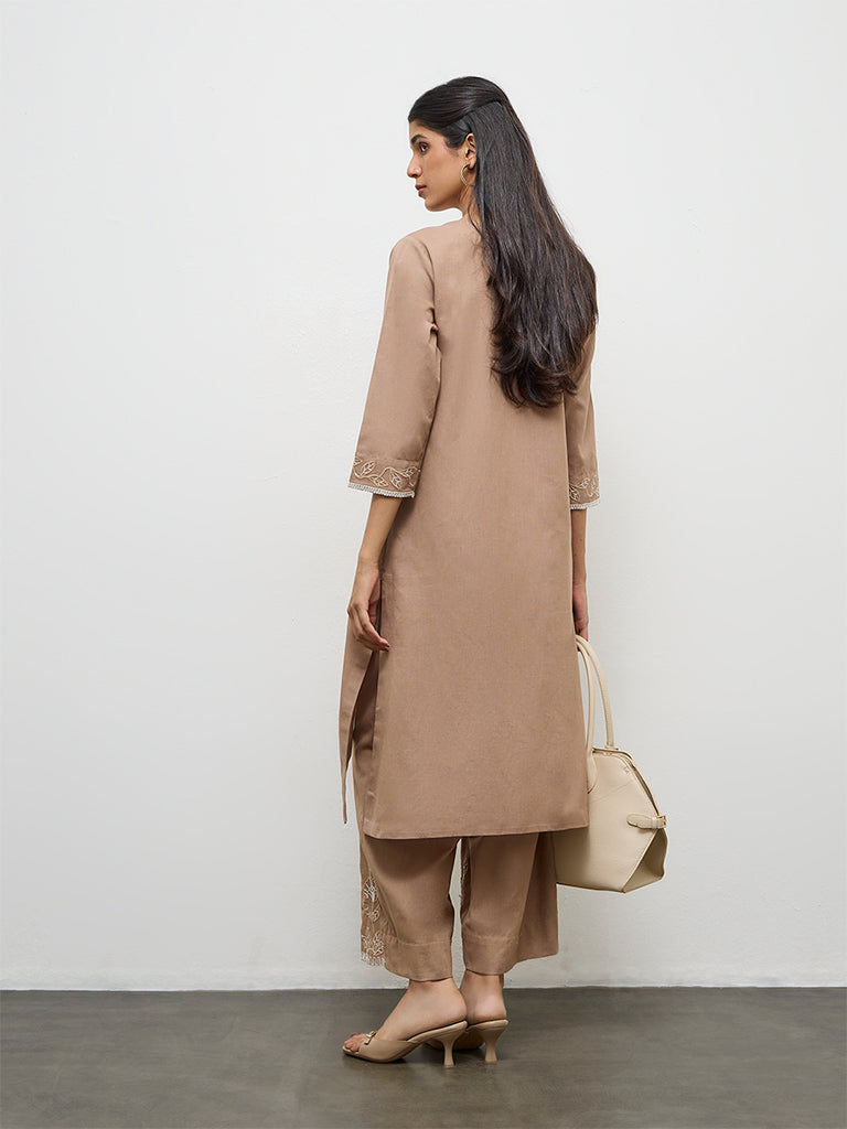 Utsa Brown Floral Embroidered Cotton A-Line Kurta