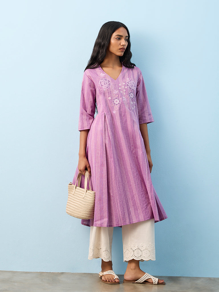Utsa Lilac Floral Embroidered Cotton A-Line Kurta