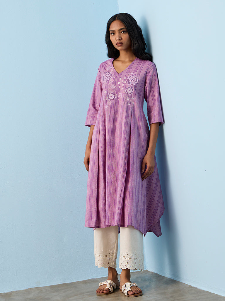 Utsa Lilac Floral Embroidered Cotton A-Line Kurta