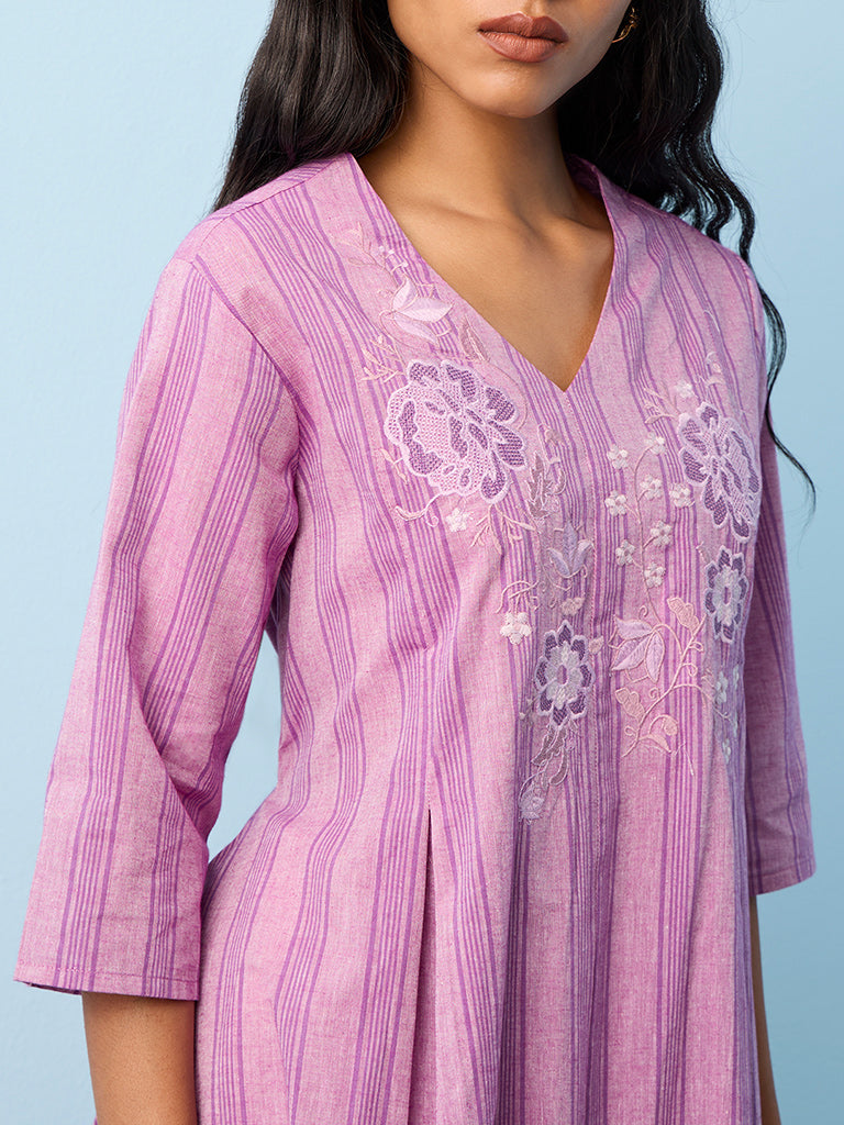 Utsa Lilac Floral Embroidered Cotton A-Line Kurta